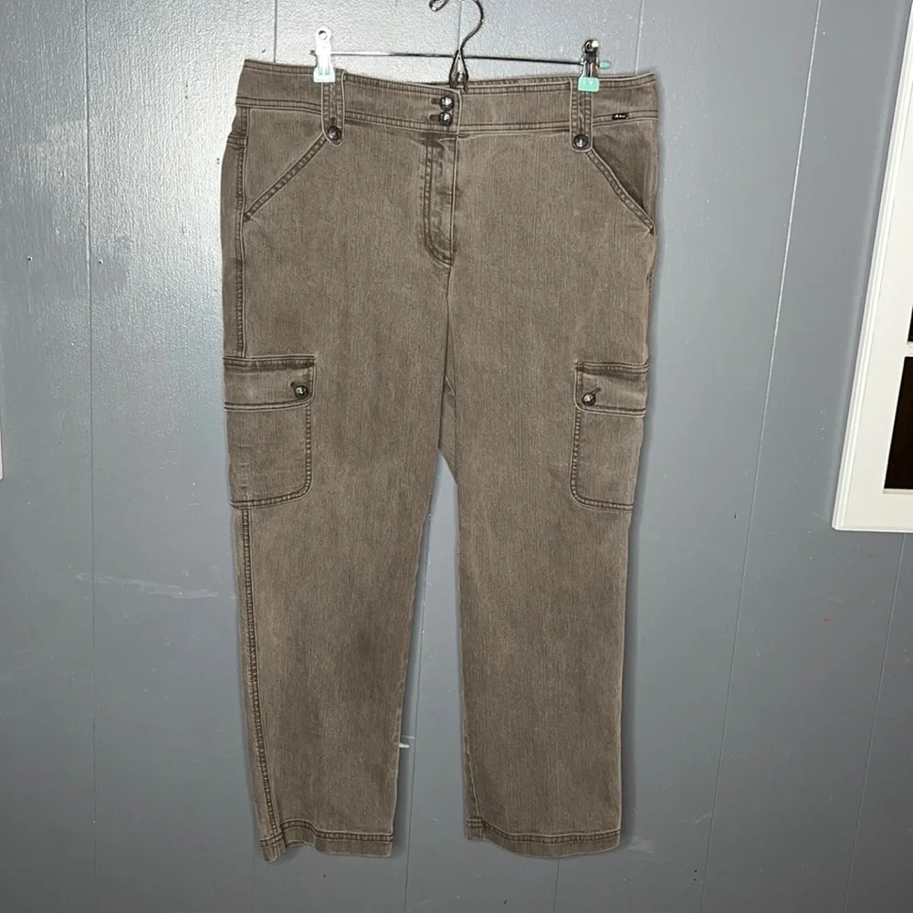 St. John Green Cargo Pants Straight Crop Jeans Cotton‎ Stretch Size 14 High Rise